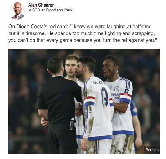 Alan Shearer commenta così il morso di Diego Costa a Gareth Barry